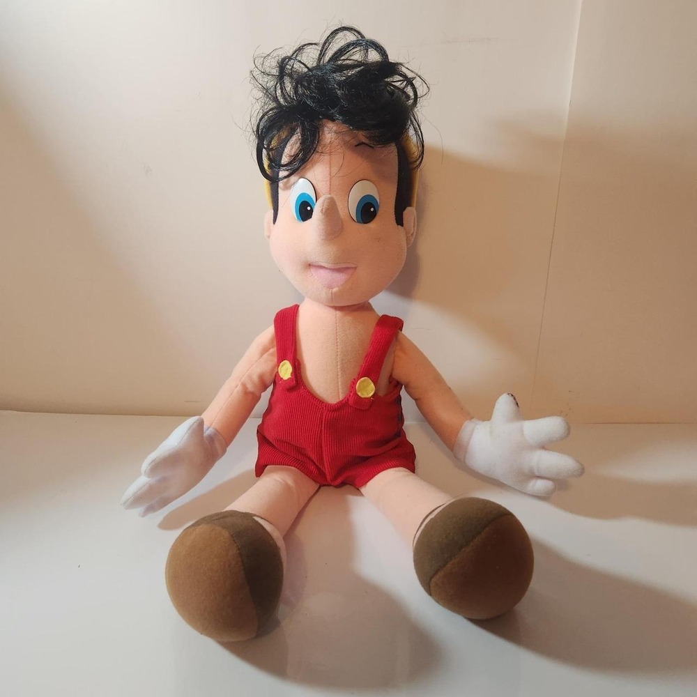 Vintage Disney Pinocchio Plush Doll 18 Inch Large Soft Toy Red Overalls Hat